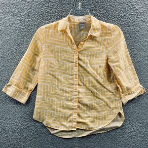 Chicos Womens Linen Top Yellow Geometric Button Front Shirt Artsy Casual No Iron